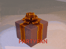 a gift box with a bow and the word partyfan below it