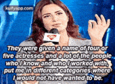 a woman is talking into a microphone and says they were given a name of four or five actresses