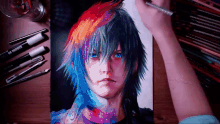 a person is drawing a picture of a person with a rainbow hair