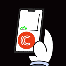 a hand is holding a cell phone with a green arrow pointing up and a circle with the letter c on it