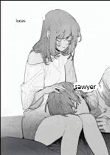 a black and white drawing of a girl petting a boy 's head .
