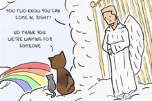 a cartoon of an angel standing next to a cat and a rainbow