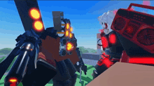 a video game scene with a robot and a boombox in the background