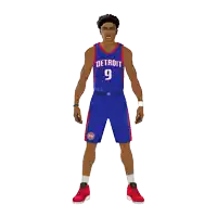 a basketball player for the detroit pistons is standing with his hands on his hips