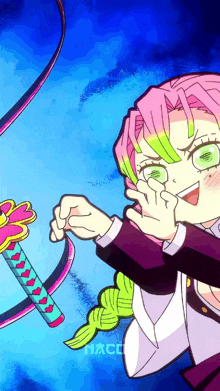 a cartoon of a girl with pink hair and green eyes holding a sword