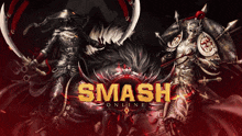 an advertisement for smash online shows two warriors holding swords and shields
