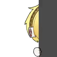 a cartoon drawing of a girl with yellow hair and blue eyes peeking over a wall