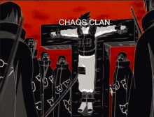 a black and white drawing of a man on a cross with the words chaos clan on the bottom