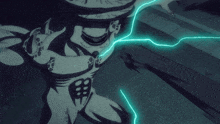 a blue lightning bolt strikes a person 's chest