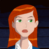a cartoon girl with red hair and green eyes looks at the camera