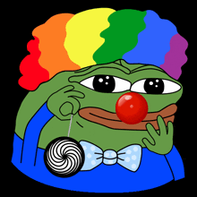 a green frog wearing a rainbow clown costume and holding a yo yo