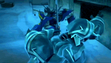 a robot with a sword is fighting another robot in the snow .