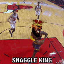 a basketball player with a crown on his head and the word snaggle king below him