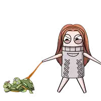 a cartoon of a woman in a sweater walking a turtle on a leash