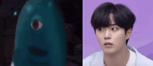 a close up of a person 's face next to a close up of a person 's face with a red eye .