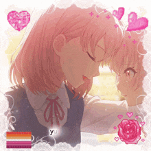 a girl with pink hair is kissing another girl with pink hearts and the word yu in the corner