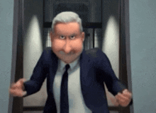 a cartoon man in a suit and tie is standing in a doorway .