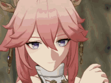 a girl with pink hair and purple eyes looks at the camera