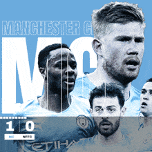 a poster for the manchester city soccer team with a blue background