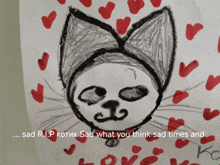 a drawing of a cat surrounded by red hearts with the words " sad r.i.p " below it