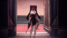 a female anime character is standing in a hallway holding a gun .