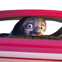 a cartoon sloth peeking out of a red car window