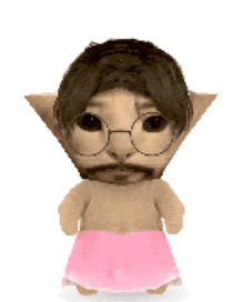 a doll with glasses and a pink skirt has a beard