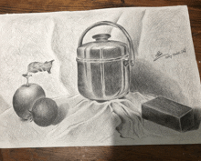 a pencil drawing of a pot and apples with the name hang thanh dinh written on the bottom right corner