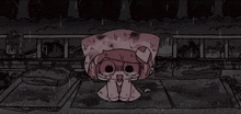 a cartoon drawing of a girl with a towel on her head sitting in the rain