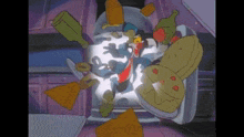 a cartoon character is falling into a fridge full of food and drinks
