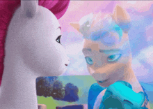 a couple of ponies are looking at each other with a pink background