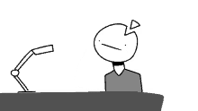 a black and white drawing of a man sitting at a desk with a lamp in the background