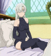 a cartoon character is sitting on a bed with a window in the background