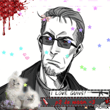 a black and white drawing of a man with glasses says i love guns p2 to moon < 3