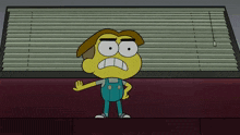 a cartoon character is standing in front of a blind