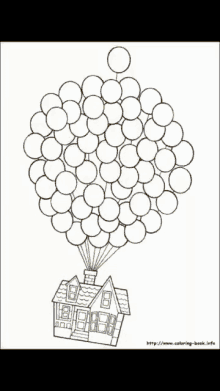a drawing of a house being lifted by a balloon