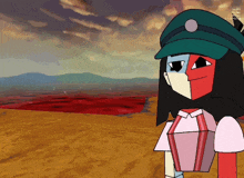 a cartoon of a girl with a green hat and a red and white shirt