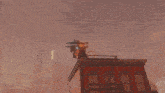 a cartoon helicopter is flying over a city with buildings on fire