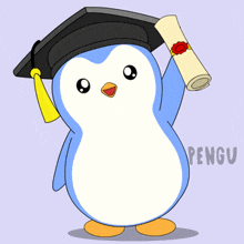 a penguin wearing a graduation cap holds a diploma