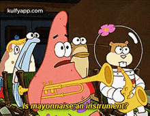 a cartoon of patrick star playing a trumpet and spongebob playing a saxophone