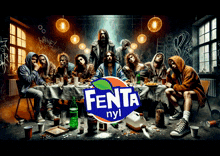 a group of people sitting around a table with a fanta logo