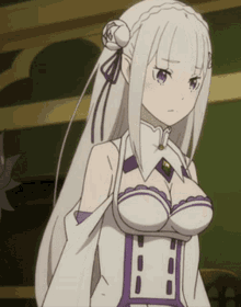 a girl with long white hair and purple eyes is wearing a white and purple dress