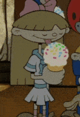 a cartoon girl is licking her lips while holding an ice cream cone