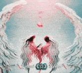 a blurry picture of a flamingo 's face with a blue sky in the background