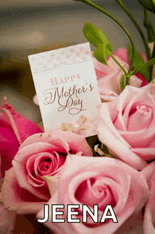 a bouquet of pink roses with a card that says happy mother 's day on it