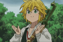 a cartoon character is holding a dragon sword and making a funny face