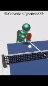 a man is playing ping pong with the words " i stole one of your socks "