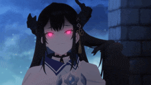 a girl with red eyes has a tattoo on her neck that says x g 88
