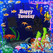a happy tuesday greeting card with a boy and a girl playing with a ball