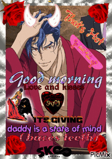 a good morning love and kisses greeting card with a man with horns